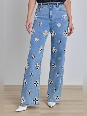 Noli Jeans Light Blue Embroidered Flare Jeans with White Cutouts